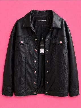 Fashion Nova Black Faux Leather Bomber-Style Trucker Jacket